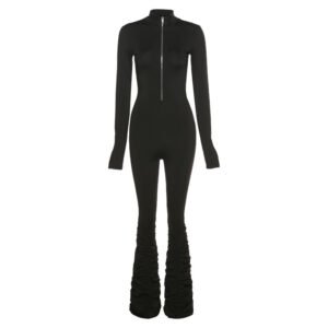 Fashion Stand-Up Collar Zipper Pleated Sports Jumpsuit